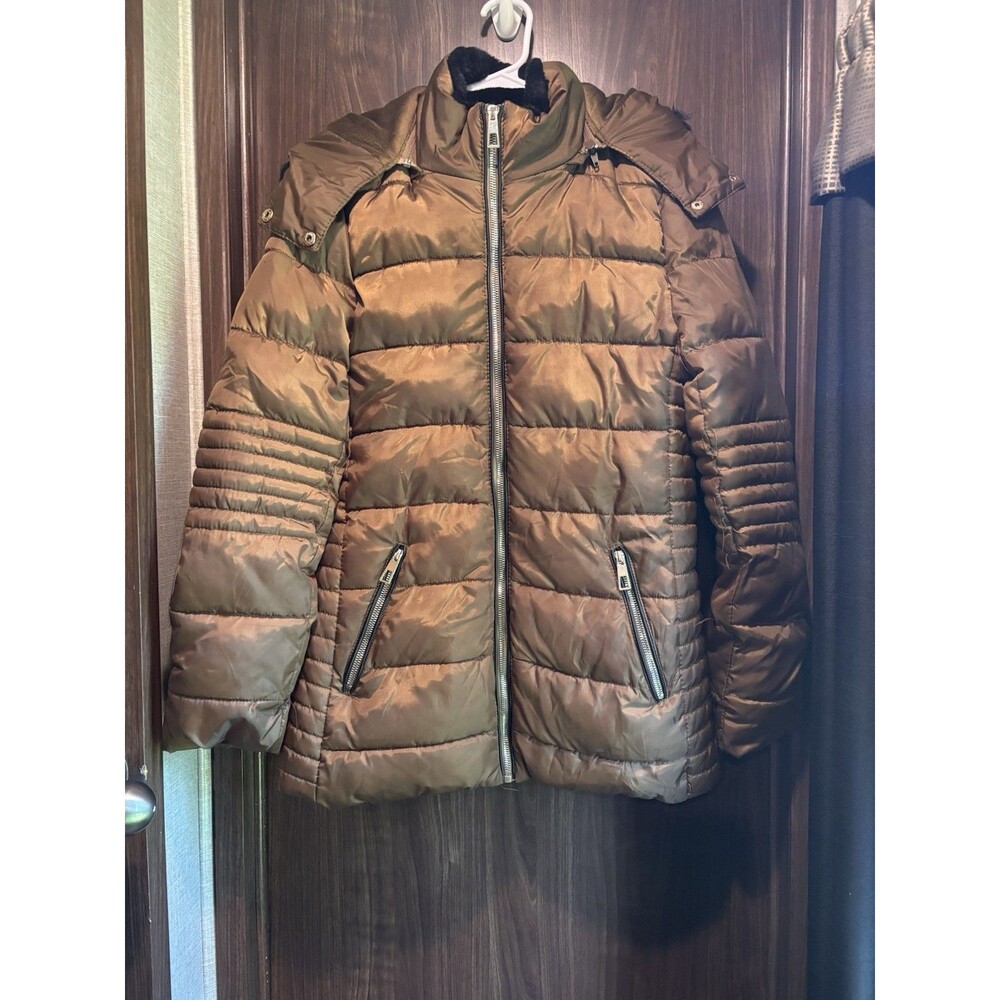 YMI Collection Brown Puffer Coat Faux Fur Hood Zip Size Small Jacket Women